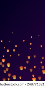 Loy krathong festival card. Thailand holiday with paper lantern lights flying in the night sky. Loy Krathong celebration. Vector illustration on purple gradient background.