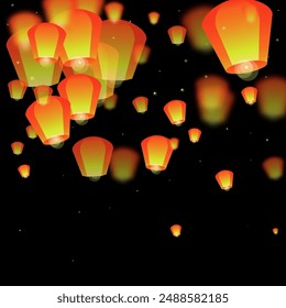 Loy krathong festival card. Thailand holiday with paper lantern lights flying in the night sky. Loy Krathong celebration. Vector illustration on black background.