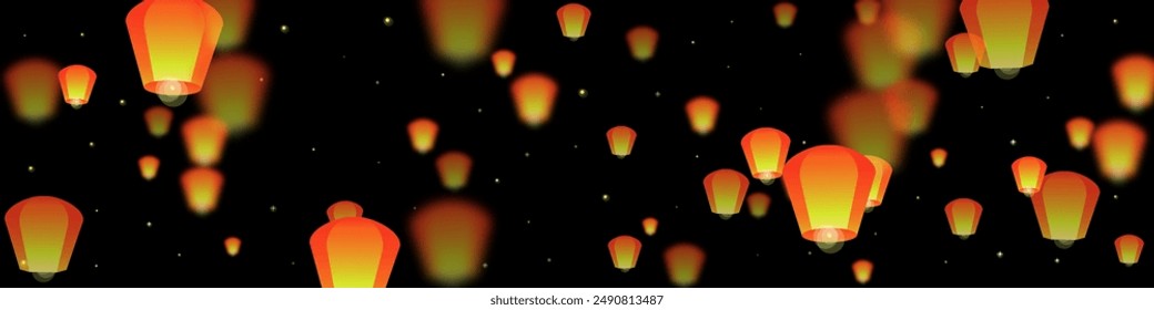 Loy krathong festival card. Thailand holiday with paper lantern lights flying in the night sky. Loy Krathong celebration. Vector illustration on black background.