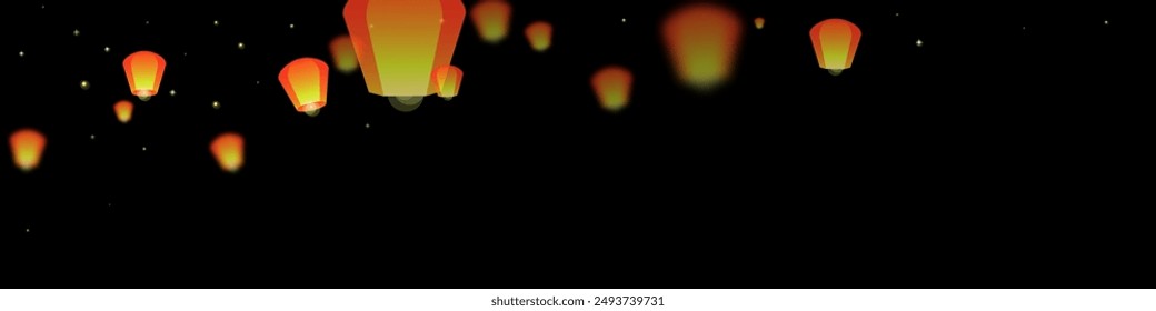 Loy krathong festival card. Thailand holiday with paper lantern lights flying in the night sky. Loy Krathong celebration. Vector illustration on black background.