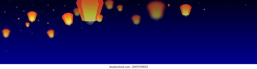 Loy krathong festival card. Thailand holiday with paper lantern lights flying in the night sky. Loy Krathong celebration. Vector illustration on dark blue background.