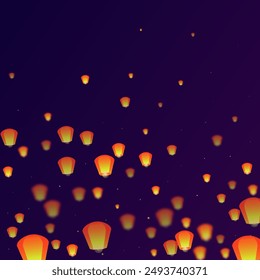 Loy krathong festival card. Thailand holiday with paper lantern lights flying in the night sky. Loy Krathong celebration. Vector illustration on purple gradient background.