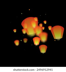 Loy krathong festival card. Thailand holiday with paper lantern lights flying in the night sky. Loy Krathong celebration. Vector illustration on black background.