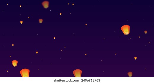 Loy krathong festival card. Thailand holiday with paper lantern lights flying in the night sky. Loy Krathong celebration. Vector illustration on purple gradient background.