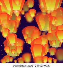 Loy krathong festival card. Thailand holiday with paper lantern lights flying in the night sky. Loy Krathong celebration. Vector illustration on purple gradient background.