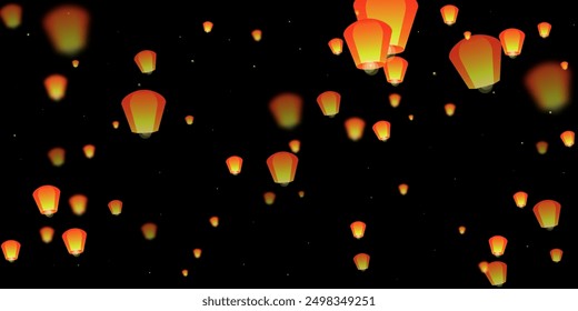 Loy krathong festival card. Thailand holiday with paper lantern lights flying in the night sky. Loy Krathong celebration. Vector illustration on black background.