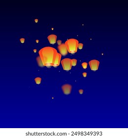 Loy krathong festival card. Thailand holiday with paper lantern lights flying in the night sky. Loy Krathong celebration. Vector illustration on dark blue background.