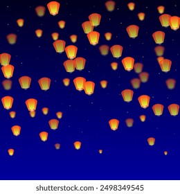 Loy krathong festival card. Thailand holiday with paper lantern lights flying in the night sky. Loy Krathong celebration. Vector illustration on dark blue background.