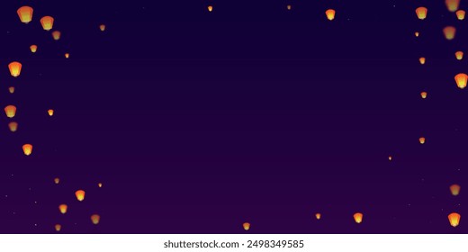 Loy krathong festival card. Thailand holiday with paper lantern lights flying in the night sky. Loy Krathong celebration. Vector illustration on purple gradient background.