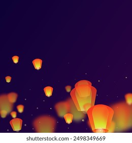 Loy krathong festival card. Thailand holiday with paper lantern lights flying in the night sky. Loy Krathong celebration. Vector illustration on purple gradient background.