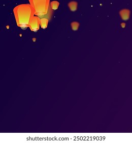 Loy krathong festival card. Thailand holiday with paper lantern lights flying in the night sky. Loy Krathong celebration. Vector illustration on purple gradient background.