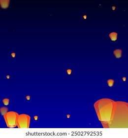 Loy krathong festival card. Thailand holiday with paper lantern lights flying in the night sky. Loy Krathong celebration. Vector illustration on dark blue background.