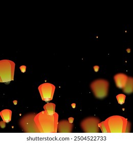 Loy krathong festival card. Thailand holiday with paper lantern lights flying in the night sky. Loy Krathong celebration. Vector illustration on black background.