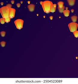 Loy krathong festival card. Thailand holiday with paper lantern lights flying in the night sky. Loy Krathong celebration. Vector illustration on purple gradient background.