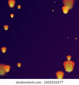 Loy krathong festival card. Thailand holiday with paper lantern lights flying in the night sky. Loy Krathong celebration. Vector illustration on purple gradient background.