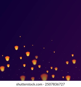 Loy krathong festival card. Thailand holiday with paper lantern lights flying in the night sky. Loy Krathong celebration. Vector illustration on purple gradient background.