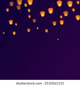 Loy krathong festival card. Thailand holiday with paper lantern lights flying in the night sky. Loy Krathong celebration. Vector illustration on purple gradient background.