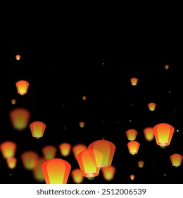 Loy krathong festival card. Thailand holiday with paper lantern lights flying in the night sky. Loy Krathong celebration. Vector illustration on black background.