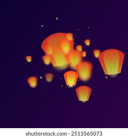 Loy krathong festival card. Thailand holiday with paper lantern lights flying in the night sky. Loy Krathong celebration. Vector illustration on purple gradient background.