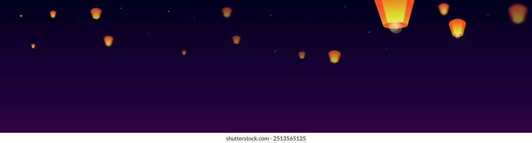 Loy krathong festival card. Thailand holiday with paper lantern lights flying in the night sky. Loy Krathong celebration. Vector illustration on purple gradient background.