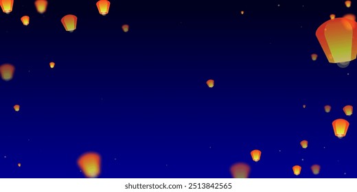 Loy krathong festival card. Thailand holiday with paper lantern lights flying in the night sky. Loy Krathong celebration. Vector illustration on dark blue background.