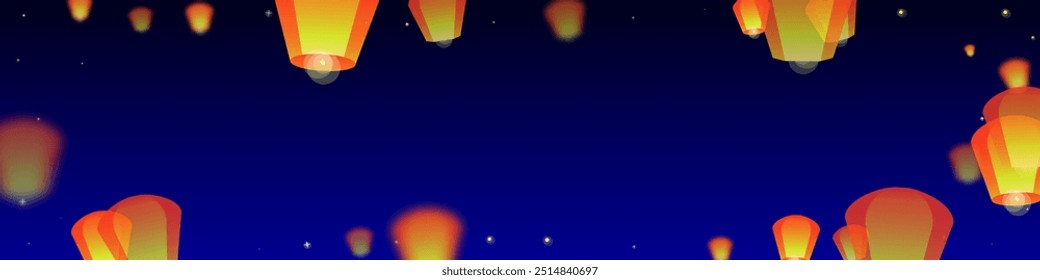 Loy krathong festival card. Thailand holiday with paper lantern lights flying in the night sky. Loy Krathong celebration. Vector illustration on dark blue background.