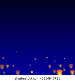 Loy krathong festival card. Thailand holiday with paper lantern lights flying in the night sky. Loy Krathong celebration. Vector illustration on dark blue background.