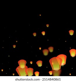 Loy krathong festival card. Thailand holiday with paper lantern lights flying in the night sky. Loy Krathong celebration. Vector illustration on black background.