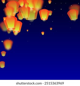 Loy krathong festival card. Thailand holiday with paper lantern lights flying in the night sky. Loy Krathong celebration. Vector illustration on dark blue background.