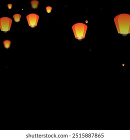 Loy krathong festival card. Thailand holiday with paper lantern lights flying in the night sky. Loy Krathong celebration. Vector illustration on black background.