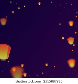 Loy krathong festival card. Thailand holiday with paper lantern lights flying in the night sky. Loy Krathong celebration. Vector illustration on purple gradient background.