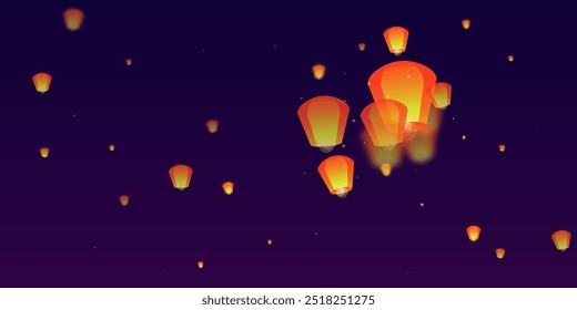 Loy krathong festival card. Thailand holiday with paper lantern lights flying in the night sky. Loy Krathong celebration. Vector illustration on purple gradient background.