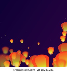 Loy krathong festival card. Thailand holiday with paper lantern lights flying in the night sky. Loy Krathong celebration. Vector illustration on purple gradient background.