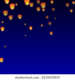 Loy krathong festival card. Thailand holiday with paper lantern lights flying in the night sky. Loy Krathong celebration. Vector illustration on dark blue background.