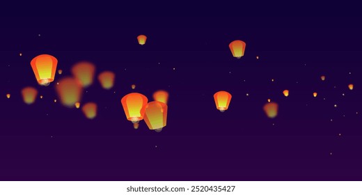 Loy krathong festival card. Thailand holiday with paper lantern lights flying in the night sky. Loy Krathong celebration. Vector illustration on purple gradient background.