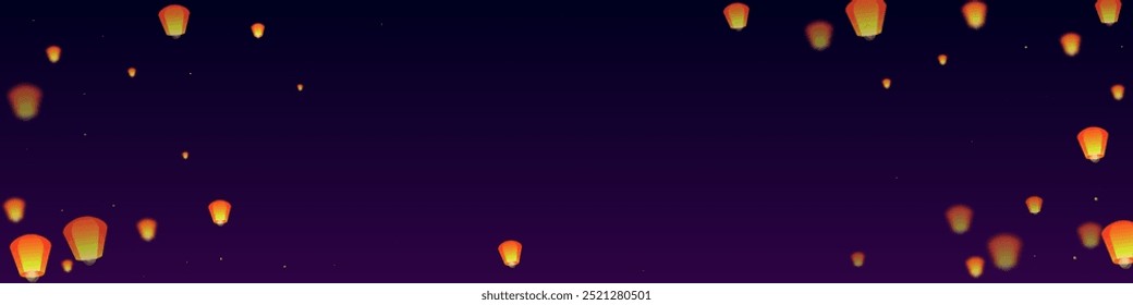 Loy krathong festival card. Thailand holiday with paper lantern lights flying in the night sky. Loy Krathong celebration. Vector illustration on purple gradient background.