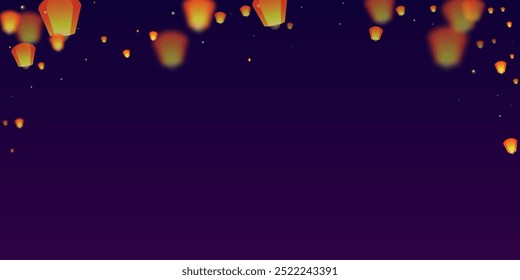 Loy krathong festival card. Thailand holiday with paper lantern lights flying in the night sky. Loy Krathong celebration. Vector illustration on purple gradient background.