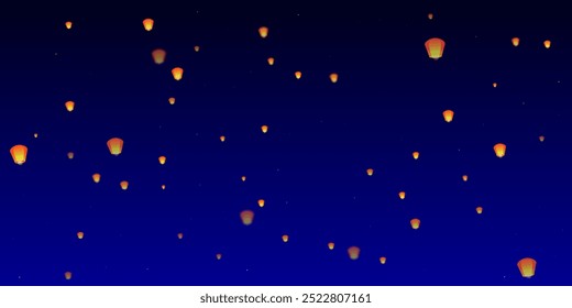 Loy krathong festival card. Thailand holiday with paper lantern lights flying in the night sky. Loy Krathong celebration. Vector illustration on dark blue background.