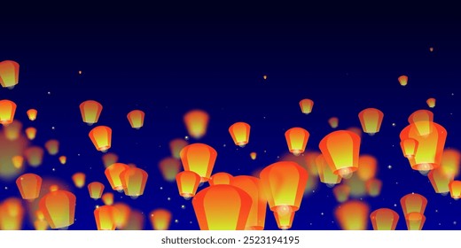 Cartão do festival Loy Krathong. Férias na Tailândia com lanternas de papel luzes voando no céu noturno. Loy Krathong celebração. Ilustração vetorial no plano de fundo azul escuro.