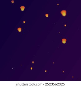 Loy krathong festival card. Thailand holiday with paper lantern lights flying in the night sky. Loy Krathong celebration. Vector illustration on purple gradient background.