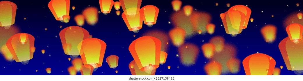 Loy krathong festival card. Thailand holiday with paper lantern lights flying in the night sky. Loy Krathong celebration. Vector illustration on dark blue background.