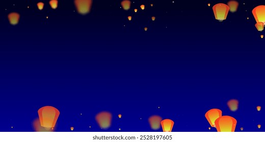 Loy krathong festival card. Thailand holiday with paper lantern lights flying in the night sky. Loy Krathong celebration. Vector illustration on dark blue background.