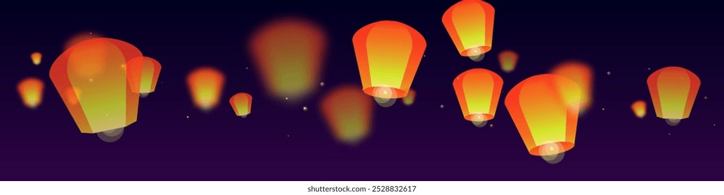 Loy krathong festival card. Thailand holiday with paper lantern lights flying in the night sky. Loy Krathong celebration. Vector illustration on purple gradient background.