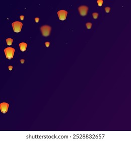 Loy krathong festival card. Thailand holiday with paper lantern lights flying in the night sky. Loy Krathong celebration. Vector illustration on purple gradient background.