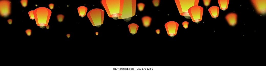 Loy krathong festival card. Thailand holiday with paper lantern lights flying in the night sky. Loy Krathong celebration. Vector illustration on black background.