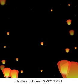 Loy krathong festival card. Thailand holiday with paper lantern lights flying in the night sky. Loy Krathong celebration. Vector illustration on black background.