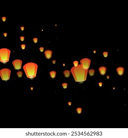 Loy krathong festival card. Thailand holiday with paper lantern lights flying in the night sky. Loy Krathong celebration. Vector illustration on black background.