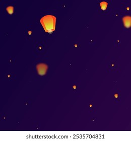 Loy krathong festival card. Thailand holiday with paper lantern lights flying in the night sky. Loy Krathong celebration. Vector illustration on purple gradient background.