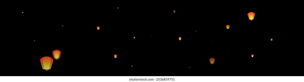 Loy krathong festival card. Thailand holiday with paper lantern lights flying in the night sky. Loy Krathong celebration. Vector illustration on black background.