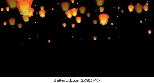 Loy krathong festival card. Thailand holiday with paper lantern lights flying in the night sky. Loy Krathong celebration. Vector illustration on black background.